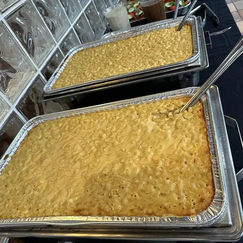 Two full pans of baked mac & cheese