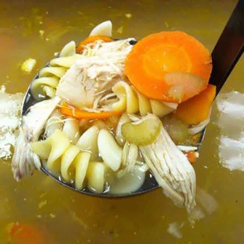 Ladle of chicken noodle soup